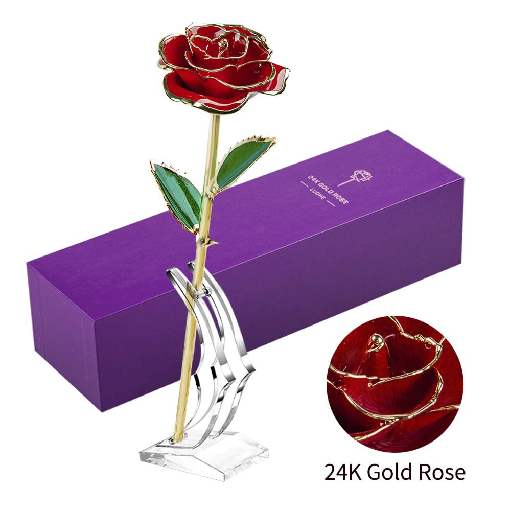 LUOHE Gold Dipped Rose Romantic Gifts for Her Girlfriend Wife Long Stem 24K Gold Dipped Real Red Rose Flowers with Stand Anniversary Valentines Day Rose Gift for Her