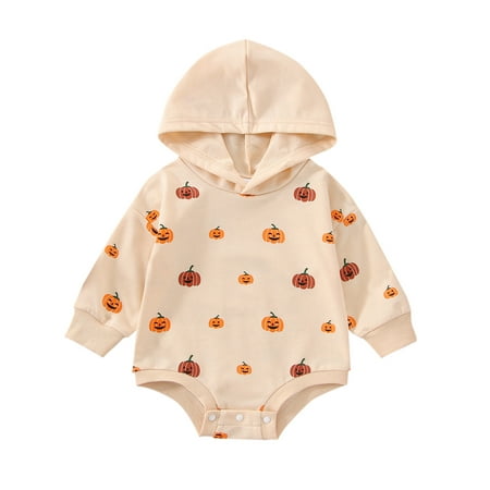 

COUTEXYI Baby Girl Boy Halloween Romper Pumpkin Print Hooded Long Sleeve Snaps Jumpsuit for Toddlers 0-24 Months