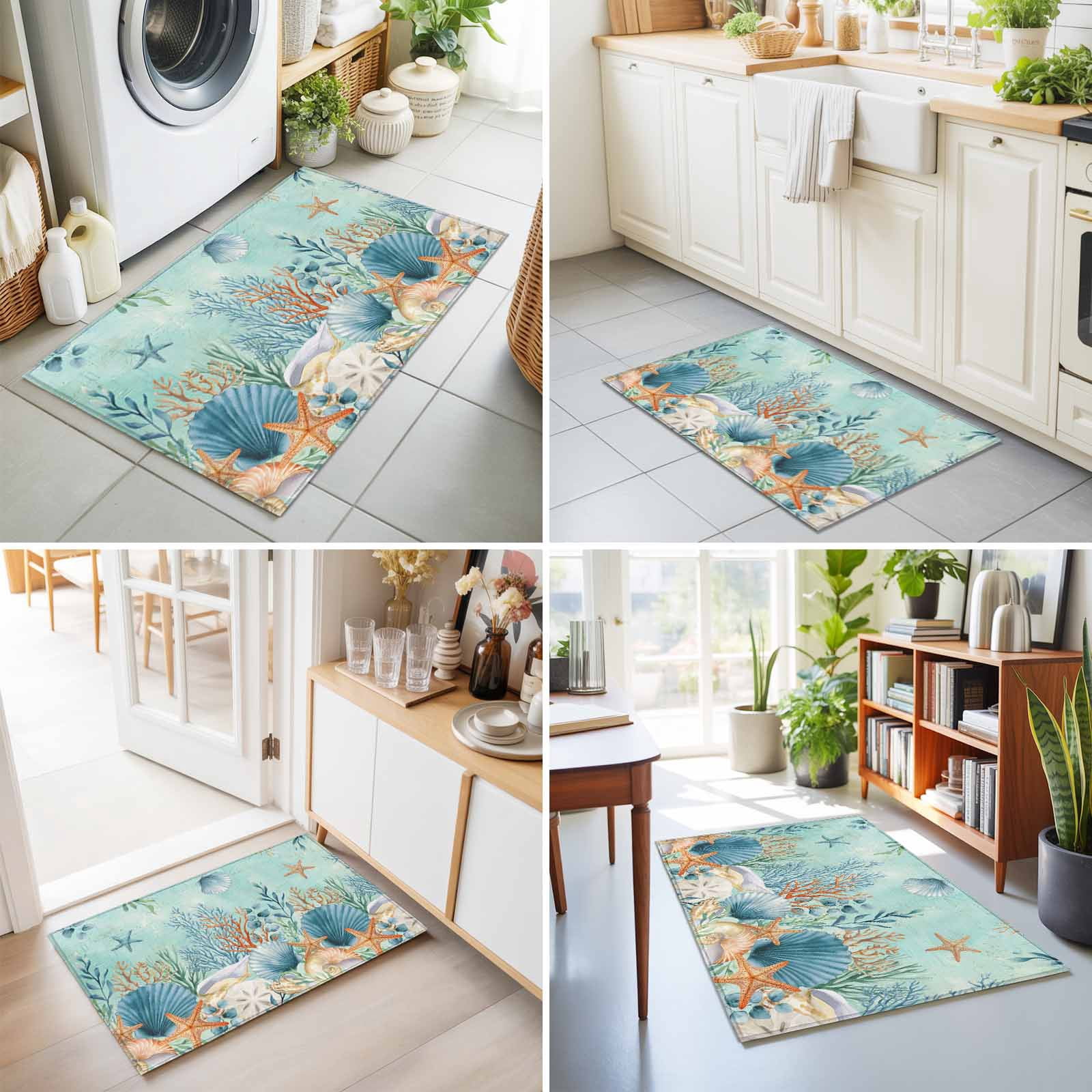 Entryway Rug 2'x3', Teal Coastal Kitchen Runner Rugs Non-Slip Carpet Mats, Summer Beach Starfish Shell Coral Nautical Bedside Rugs Runners Washable Floor Carpet for Bathroom Laundry Room