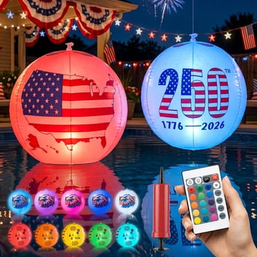 2 Pack Solar Floating Pool Lights Color Changing 16" Led Glow Balls Float or Hang in Pool Pond Patio with Remote IP68 Waterproof Inflatable Patriotic Decor for 4th of July Independence Day