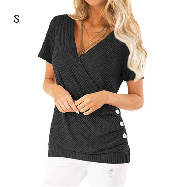 Women T-Shirt V Neck Short Sleeve Top Button Knit Thin Blouse