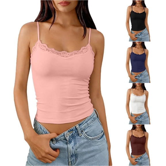 DHFJKG Camisole Tops For Women Lace Trim Tank Top With Built In Bra Spaghetti Strap Crop Cami Shirt Summer Going Out Clothes