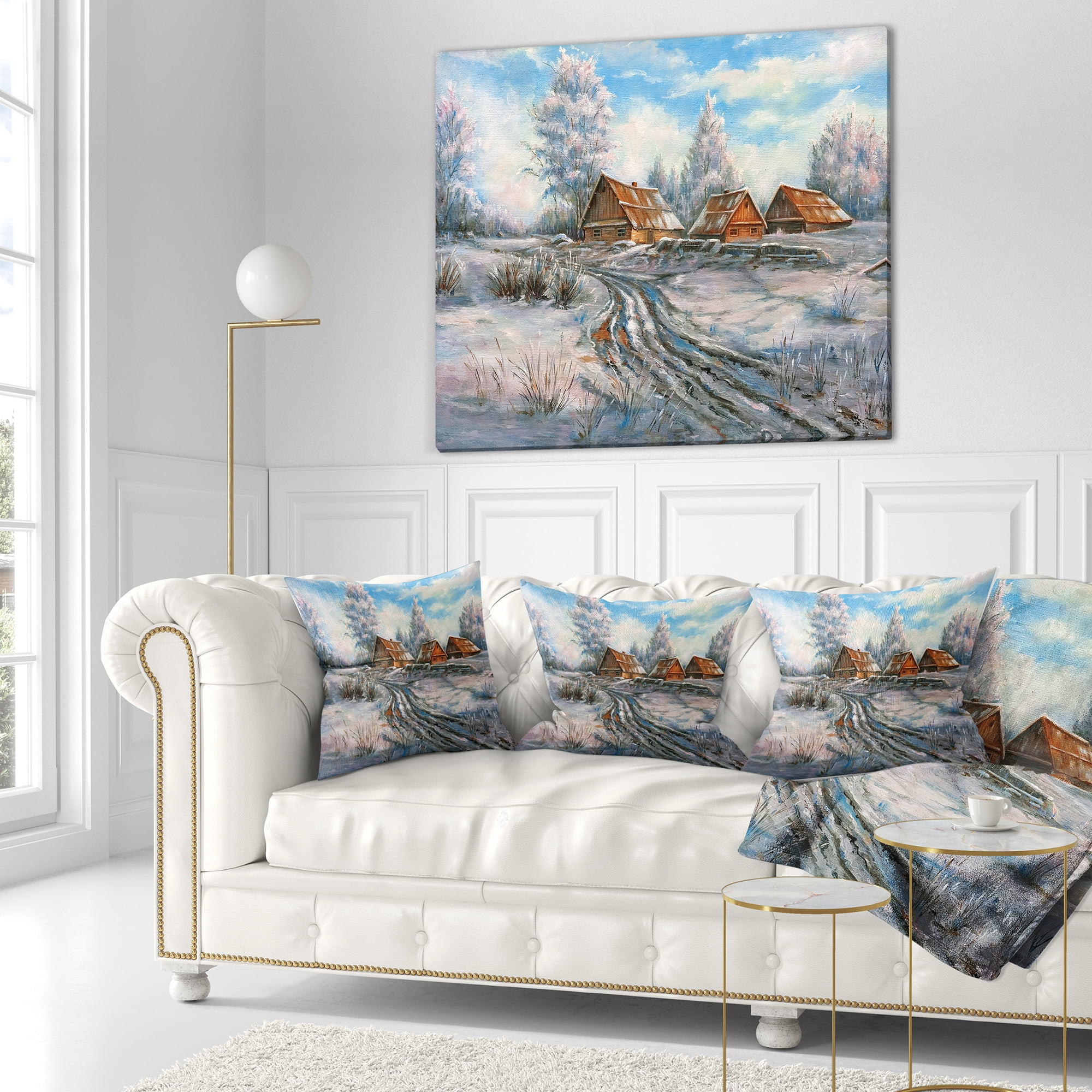 Designart Snow Village - Landscape Printed Throw Pillow - 16x16
