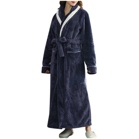 

WANYNG pajamas for women Unisex Bathrobe Pocket Breathable Flannel Long Splicing Soft Sleepwear SPA Robe Flannel Sleepwear Sets Navy M