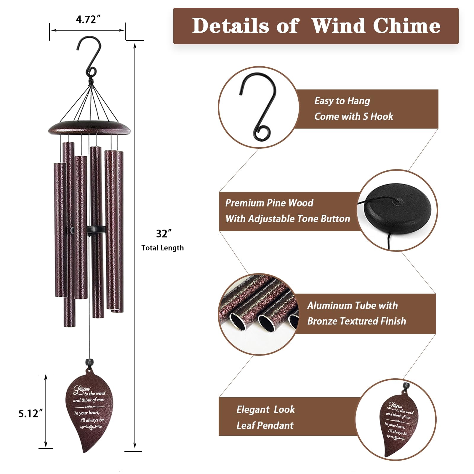 Sympathy Gift  32'' Memorial Wind Chimes For Loss Of Loved One Mother Father Miscarriage Bereavement/condolence/funeral Gifts Windchimes In Memory A (bronze)