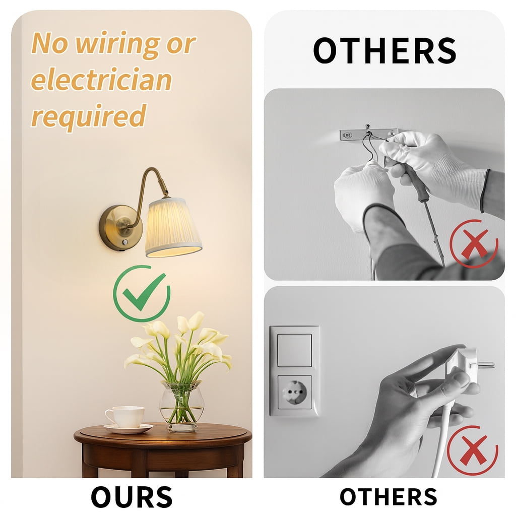 1-Light W6" Vintage Brass Battery Operated Wall Sconces Dimmable Integrated LED Rechargeable Cordless Swing Head Wall Lamp for Bedroom or Corridors