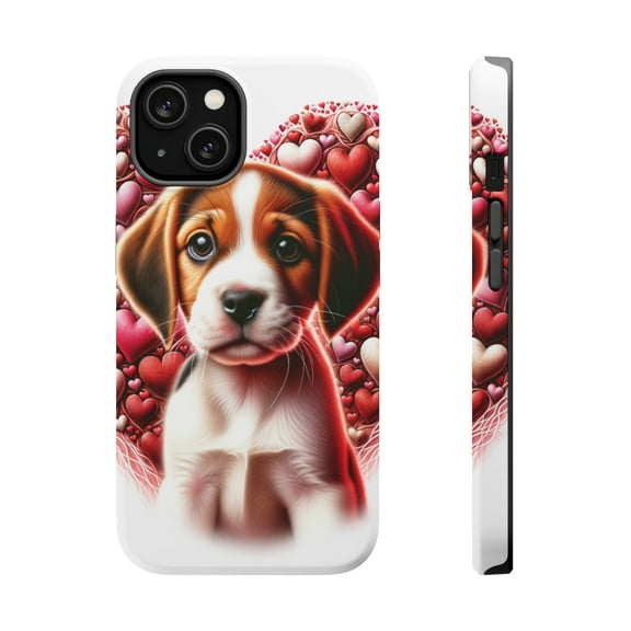 DistinctInk Tough Case for Apple iPhone 14 (6.1" Screen), Compatible with MagSafe Charging - Valentine's Day Harrier Puppy