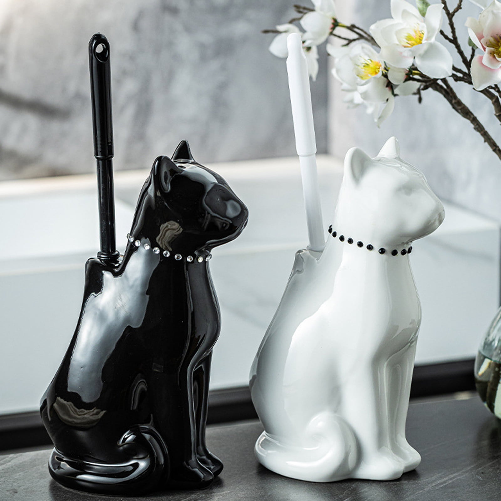 2. Ceramic Cats Base Toilet Bowl Brush & Holder, Soft Bristles Freestanding Brush for Bathroom
