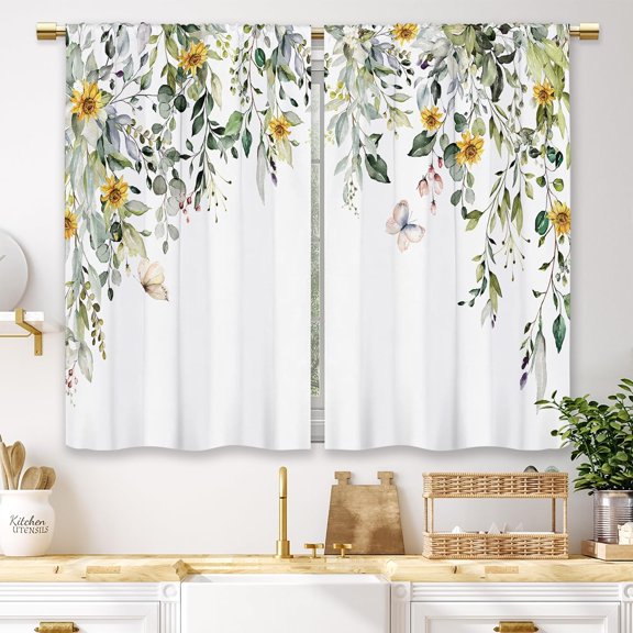 Sunflower Eucalyptus Kitchen Curtains Sage Green Leaves Small Short Cafe Window Curtains Botanical Flower Floral Rod Pocket Bathroom Drapes Treatment Tier Curtains 2 Panels (27.5x39 Inch)