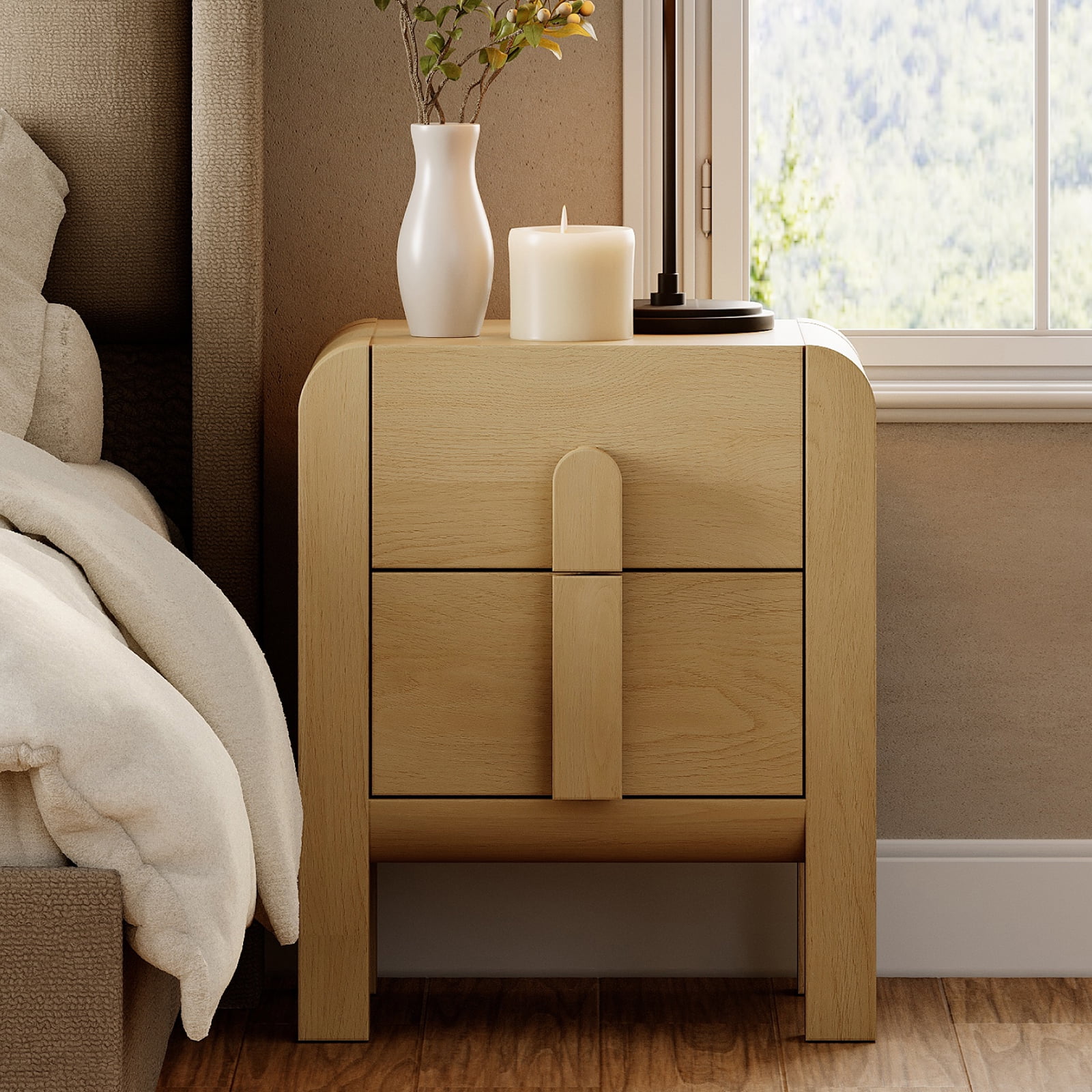 Mid-Century Modern Wood Nightstand with 2 Drawers ,Curved End Table with Built-In Charging Station for Bedroom, Living Room,Entryway