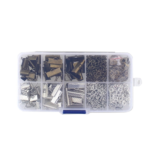 370pcs Ribbon Ends Fastener Clasps Textured Crimp End Clamps Cord Ends Buckles Zipper Clips DIY Jewelry Accessories(Ancient Bronze + White K)