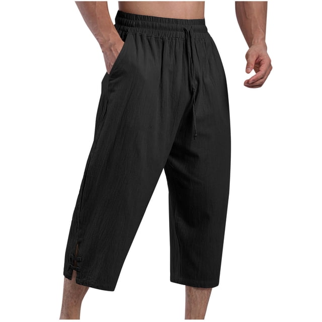 Pantalones largos de moda para hombre, casuales, de color sólido, con bolsillos, elásticos, deportivos, de lino y algodón.