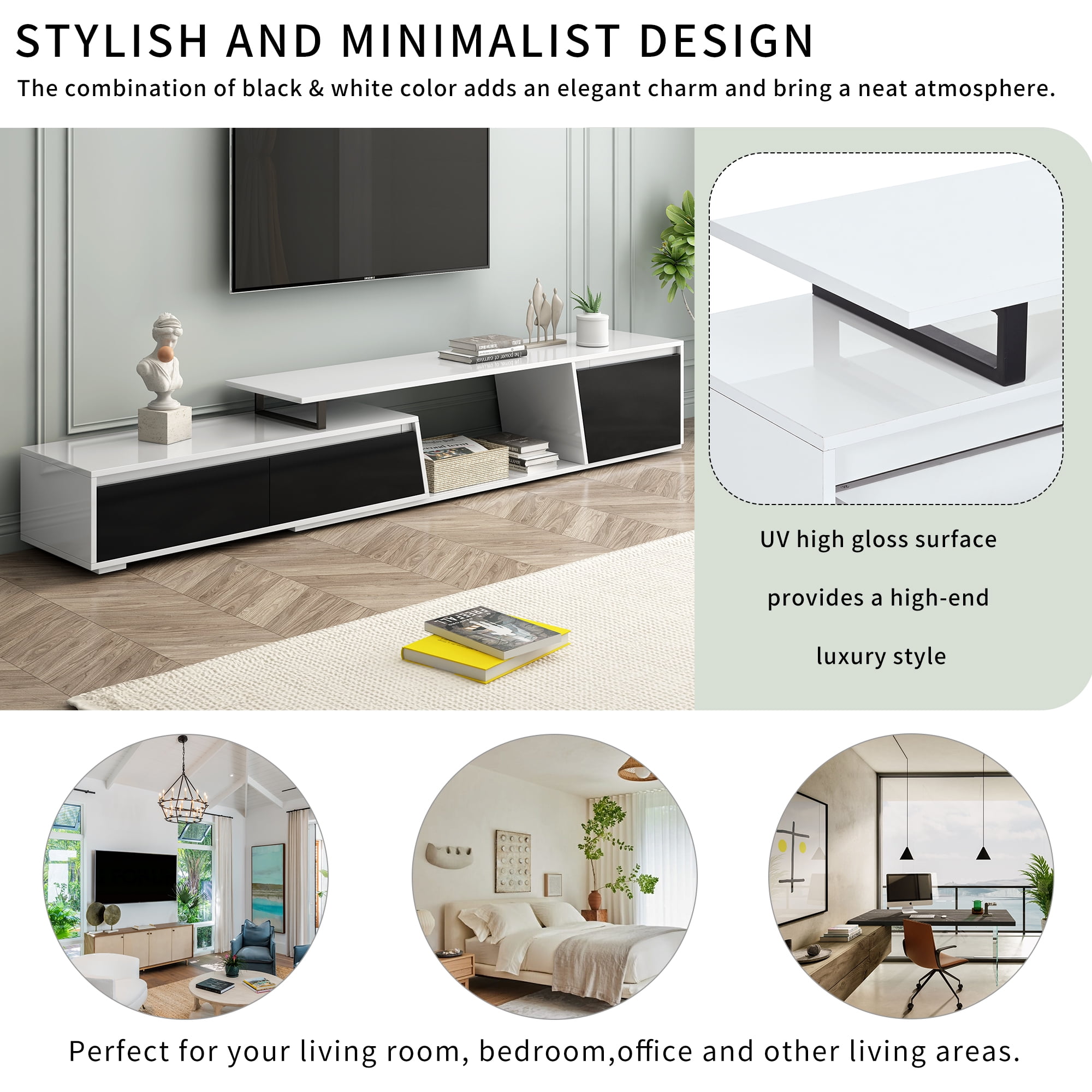 Aukfa Extendable TV Stand for TVs up to 100" with Storage Drawers & Cabinet for Living Room,White
