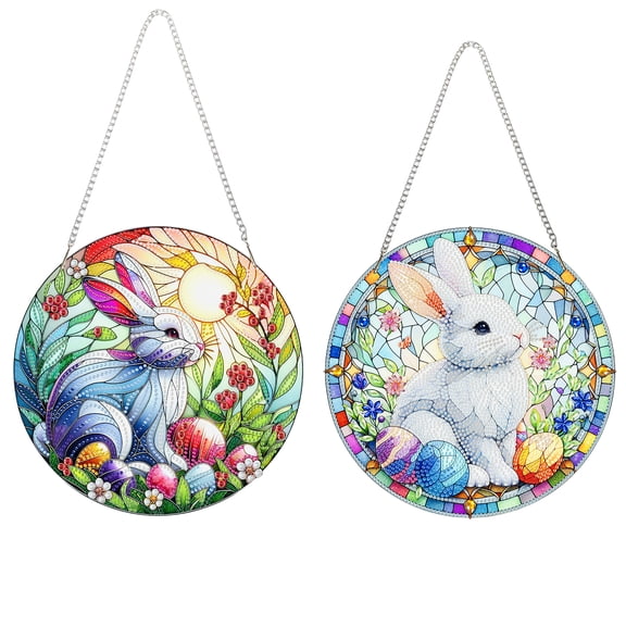 FLOPESN 2Pcs Colorful Glass DIY Diamond Art Pendant Creative Easter Bunny Egg Design Acrylic Material Round Home Decor