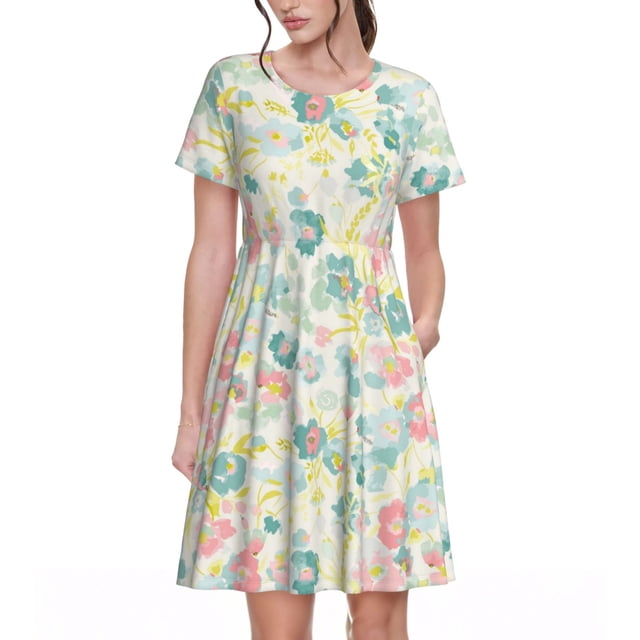 Fotbe Watercolor Wildflowers Vestido Largo de Moda para Mujer, Vestido Tipo Camiseta con Manga Corta y Estilo Casual a Rayas y Bloques de Color
