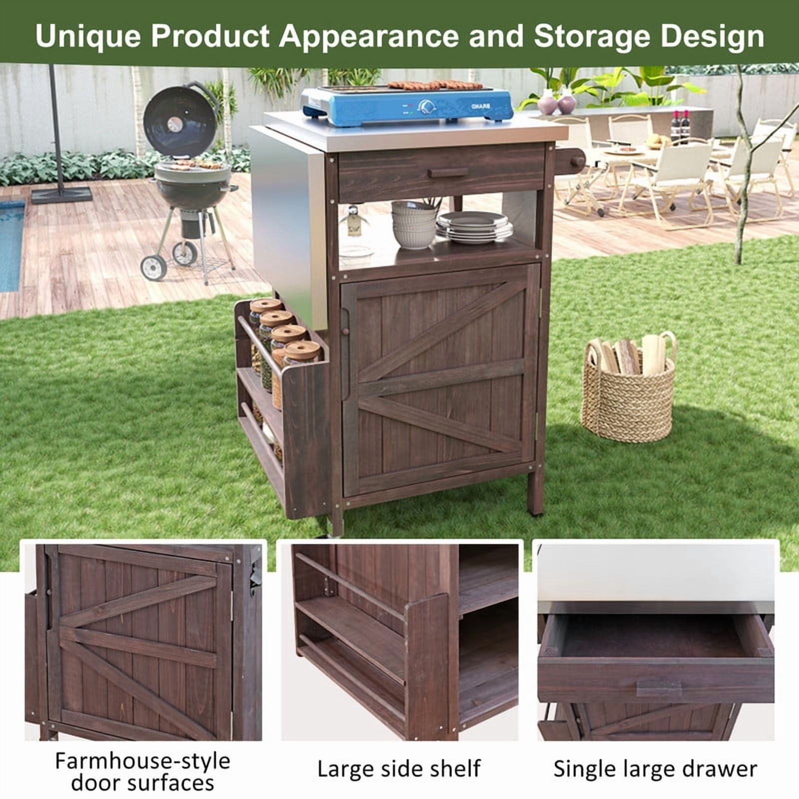 Outdoor Grill Cart with Stainless Steel Top, Wood Kitchen Island Storage Cabinet with Drop Leaf and 1 Drawer, Rolling Kitchen Cart with Lockable Wheels
