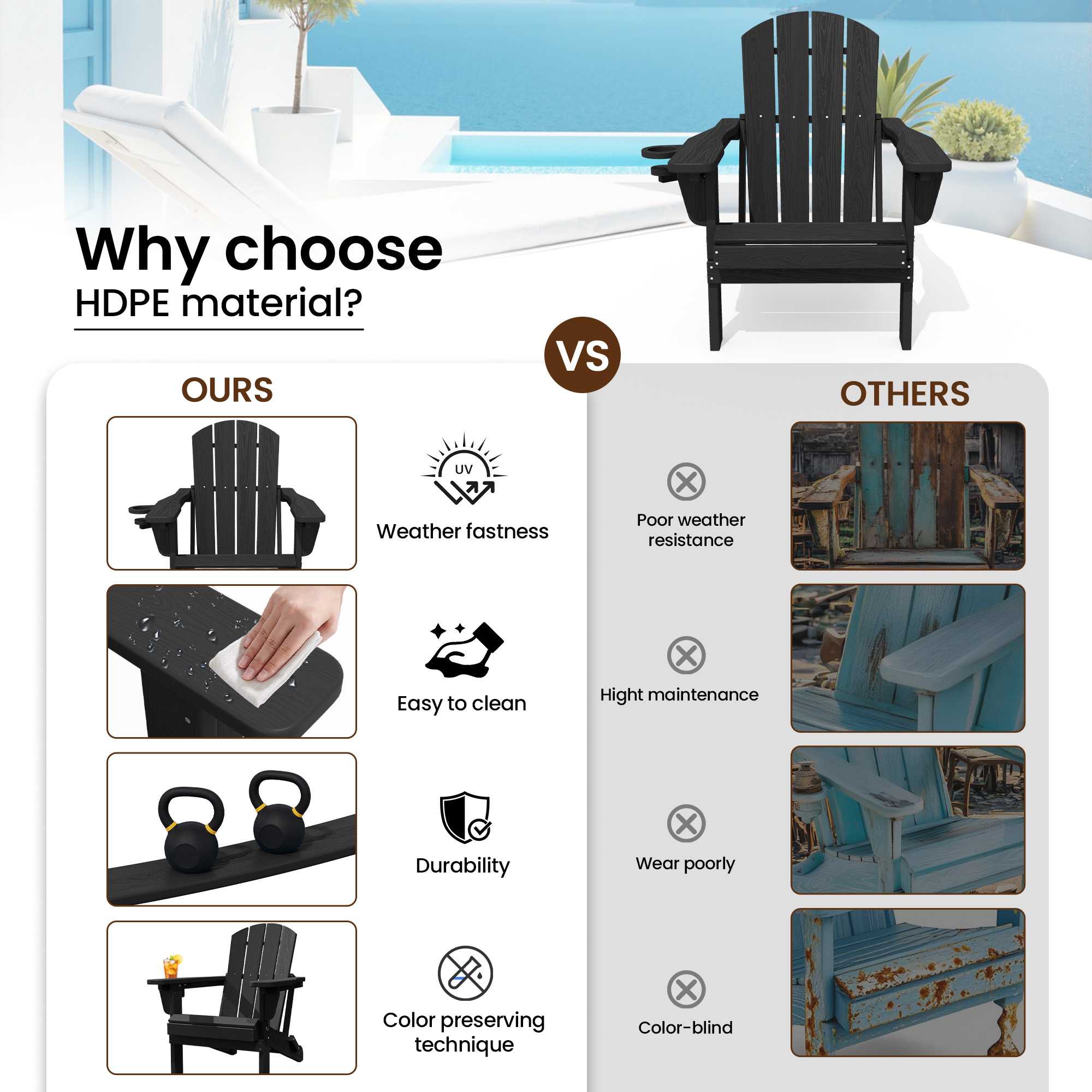 SERWALL Adjustable Folding Adirondack Chair Set of 2, Black photo 4