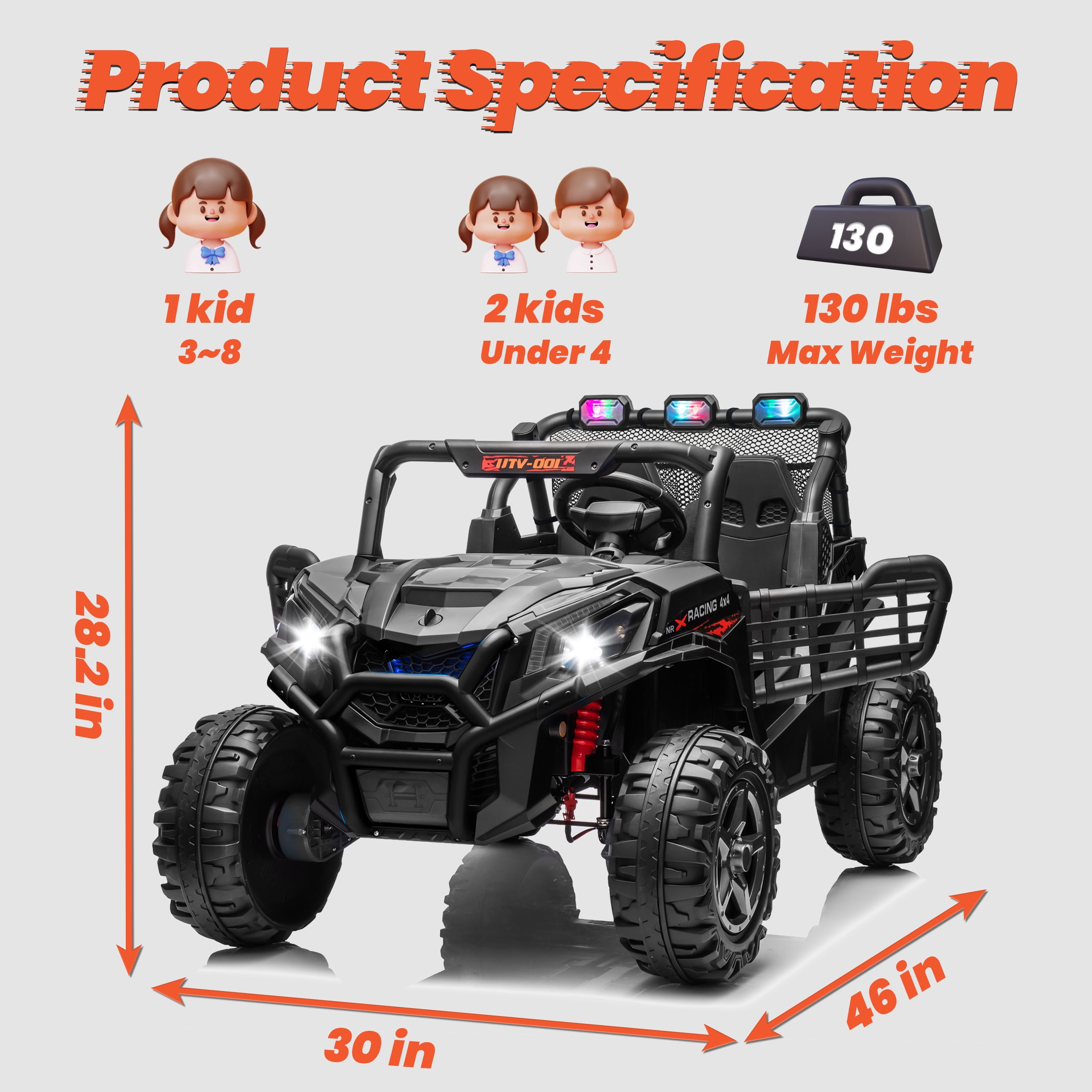 Joyracer 4WD 24 V Ride on Toys UTV with 2 XL Seaters, 4*200W Motor Kid Electric Power Car Wheels with Remote Control, LED Lights, Spring Suspension, 3 Speeds, Bluetooth Music, Black
