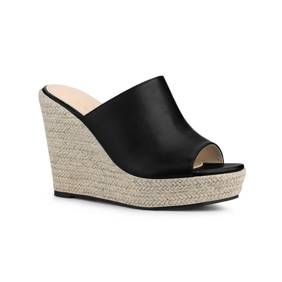 BLISSFUL STEP Open Toe Espadrille Wedge Heel Platform Slide Sandal for Women Black 7