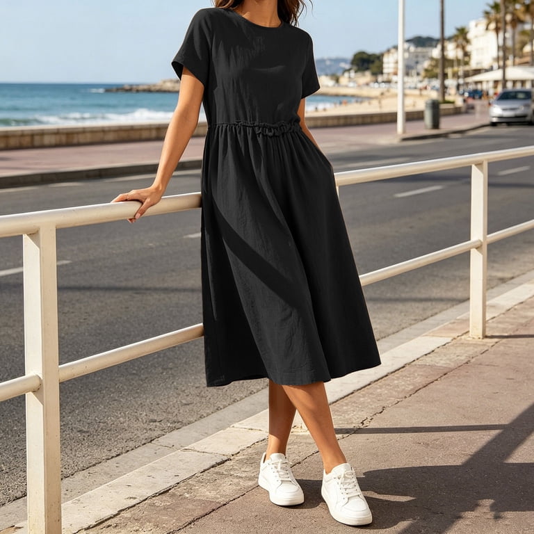 flowy gathered dress Ygbgbb Womens Dresses Short Sleeve Crew Neck Elastic Waist Midi A Line for Outdoor Picnic Casual City Trip Black XL Price_Rs.0 to 50k