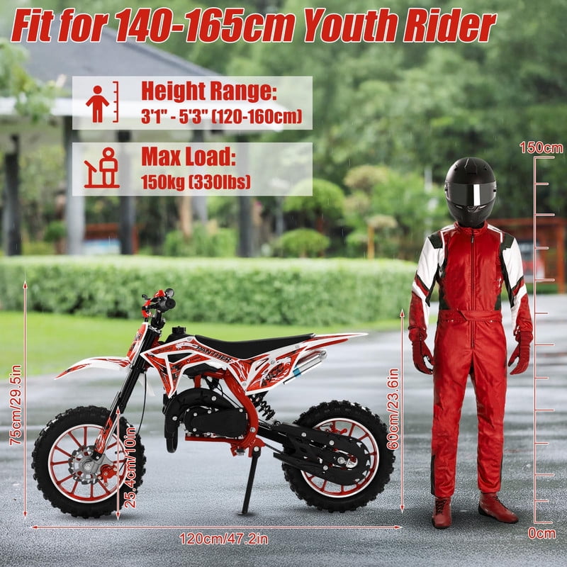 49cc High Power Kids Dirt Bike, 2-Stroke Mini Motorcycle Gas Powered Trail Bike - Mini Dirt Bikes with Hydraulic Shock Absorbers 220LBS Capacity 12-18 Miles Range 40KM/H