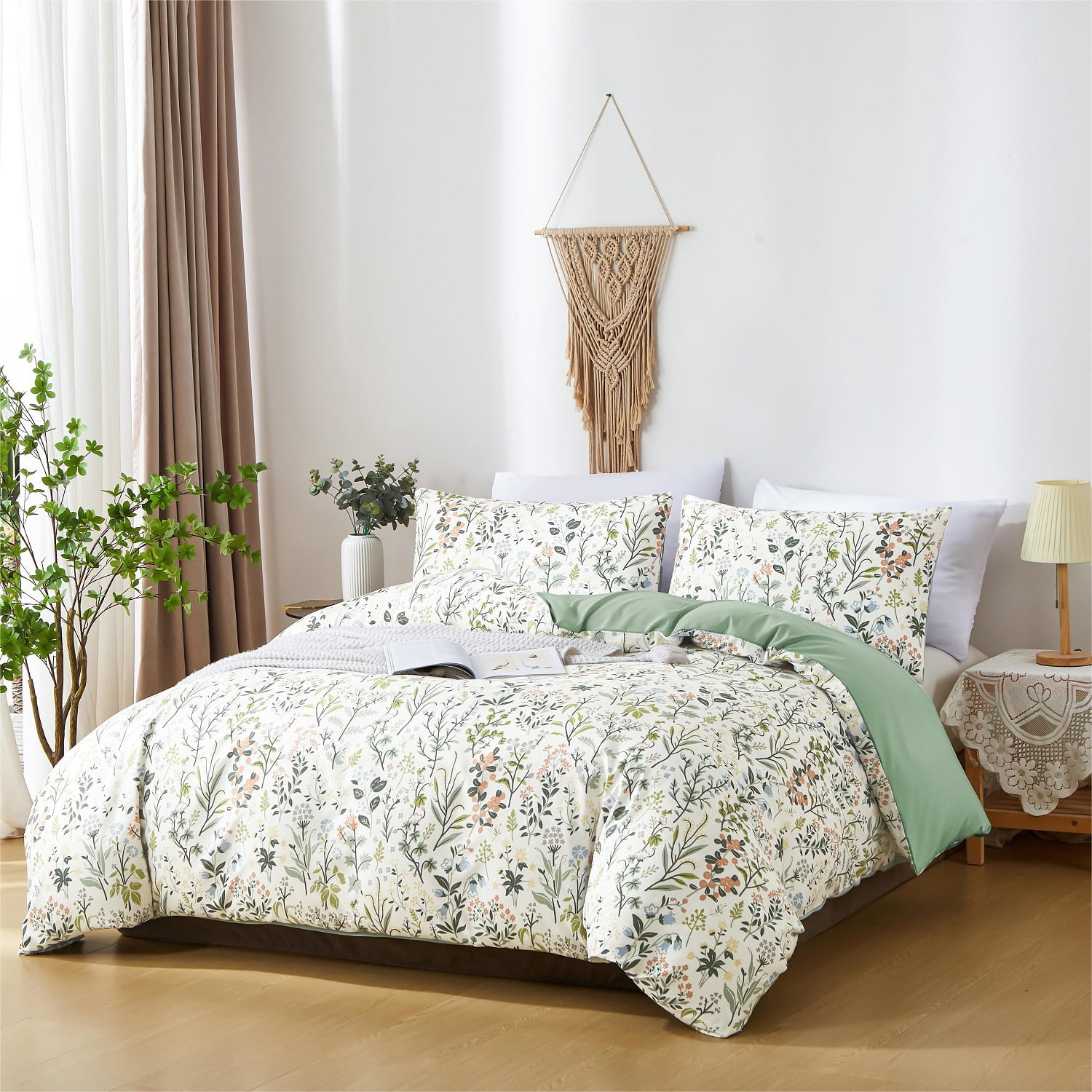 Boho Floral Green Reversible Duvet Cover Green Botanical Bedding Set with Colorful Flower Print Pattern Soft Microfiber Comforter Cover