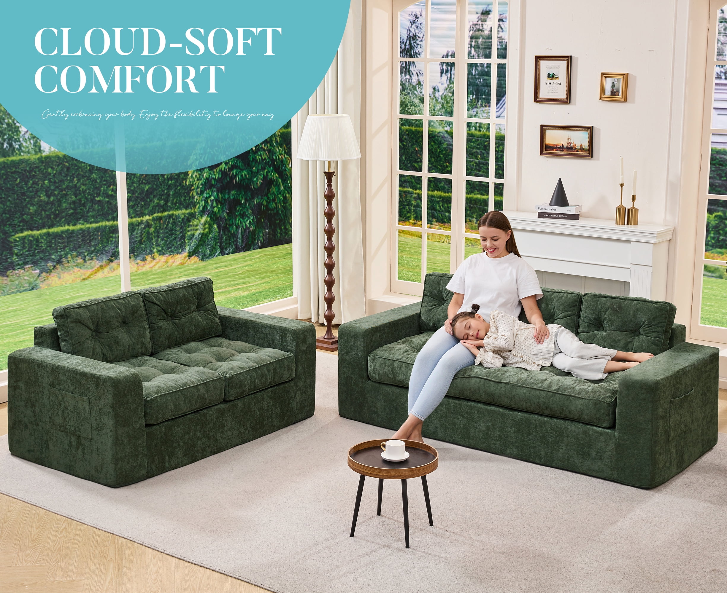 Hobestluk 3-Seater Sofa Boneless Couch with Tufted Button Design 2 in 1 Comfy Cloud Couch Oversized Sofa for Living Room Bedroom Apartment or Office (Green, 3 Seater)