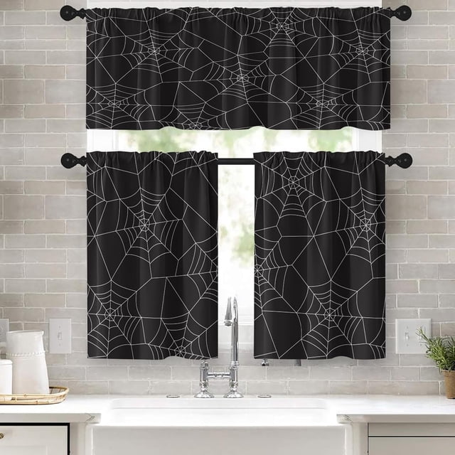 Halloween Kitchen Curtains Spider Window Curtains and Valances Set 24 Inch, Black Short Tier Curtain for Kitchen, October Spooky Holiday Small Kitchen Decor