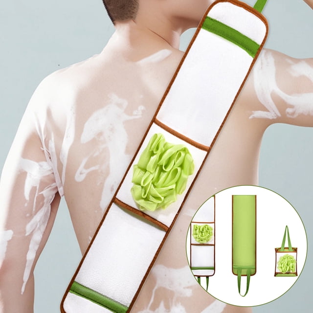 Toalla de baño 3 en 1 con fregador de espalda y esponja de esponja - Fregador corporal exfoliante de paño de fibra verde, 22" de largo para ducha y baño