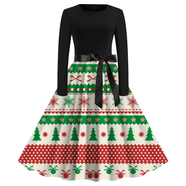Robes de Fête de Noël pour Femmes 2024 Vintage Nouveau Col Rond Mode Imprimé Manches Longues Grande Robe Évasée (Taille: TG)