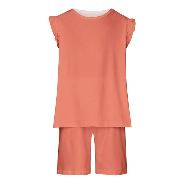 EGNMCR Ensembles de Blouses et Chemises à Manches Courtes à Col Rond Tout-Petit Bébé Fille Confortable Couleur T-shirt Sans Manches en Coton Ensemble de Shorts Ensemble Fille