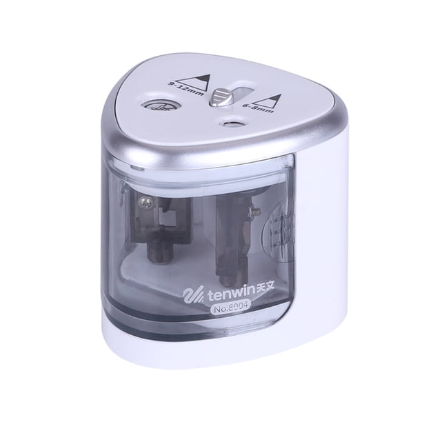 Afila lápices eléctrico automático plateado con 2 tamaños de entrada (6-8mm y 9-12mm) - Funciona con 4 pilas AA (no incluidas) - Ideal para escuela y oficina - Dimensiones compactas 7.5x7x7cm