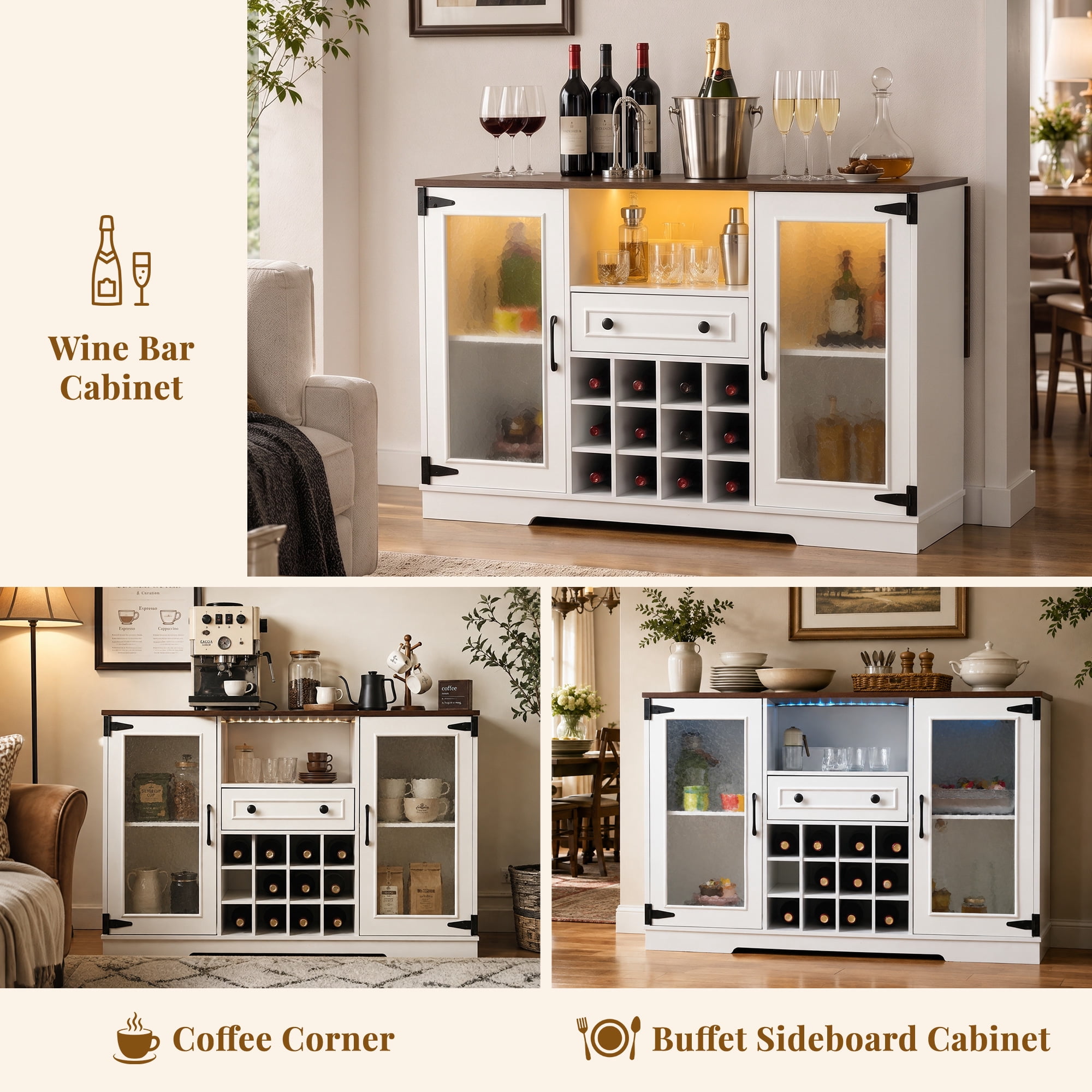 Euroco Coffee Bar Cabinet with Drop Leaf, Liquor Wine Bar Cabinet with LED Lights,Glass Doors,12 Wine Racks,1 Drawer & Open Shelf,Farmhouse Kitchen Cabinet for Dining Room,Walnut+White