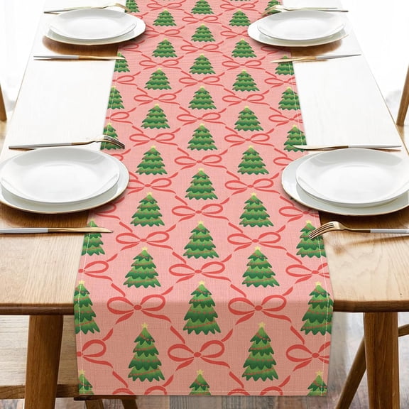 Christmas Pine Tree Pink Bow Dining Table Runner, Xmas Coquette Ribbon Preppy Burlap Kitchen Decoration, Winter Holiday Indoor Outdoor Home Decor Party Supply 13 x 72 Inches