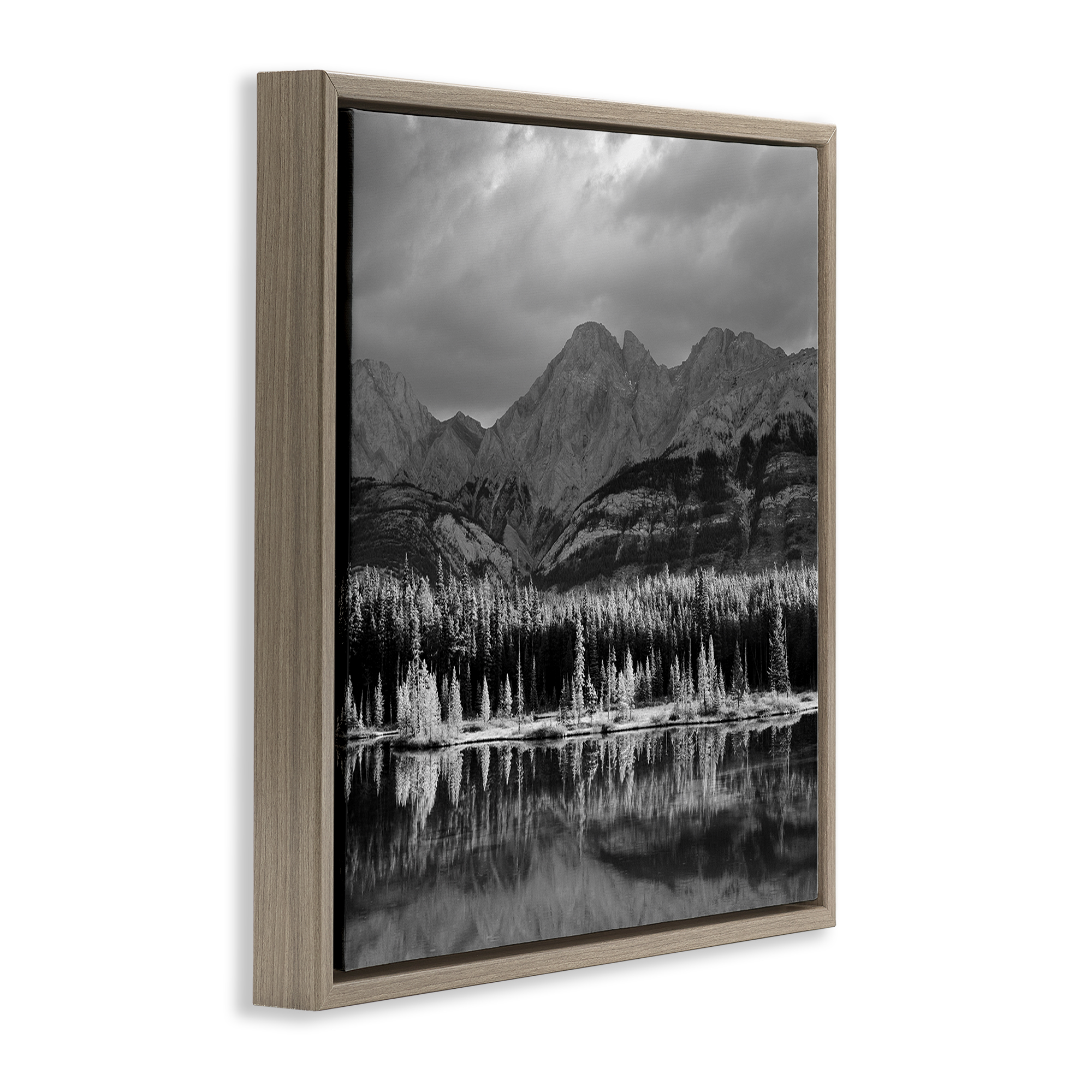 Stupell Industries Two Jack Lake Landscape Landscape & Nature Photography Brown Floater Framed Canvas Art Print Wall Art, 25 x 25