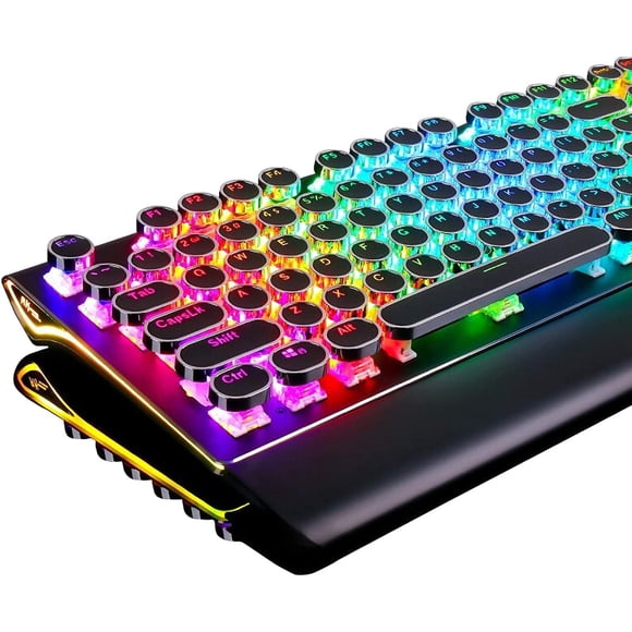 RK ROYAL KLUDGE S108 Typewriter Keyboard, Retro Mechanical Gaming Keyboard Wired 108 Keys with RGB Backlit Sidelight, Detachable Wrist Rest, Round Ke