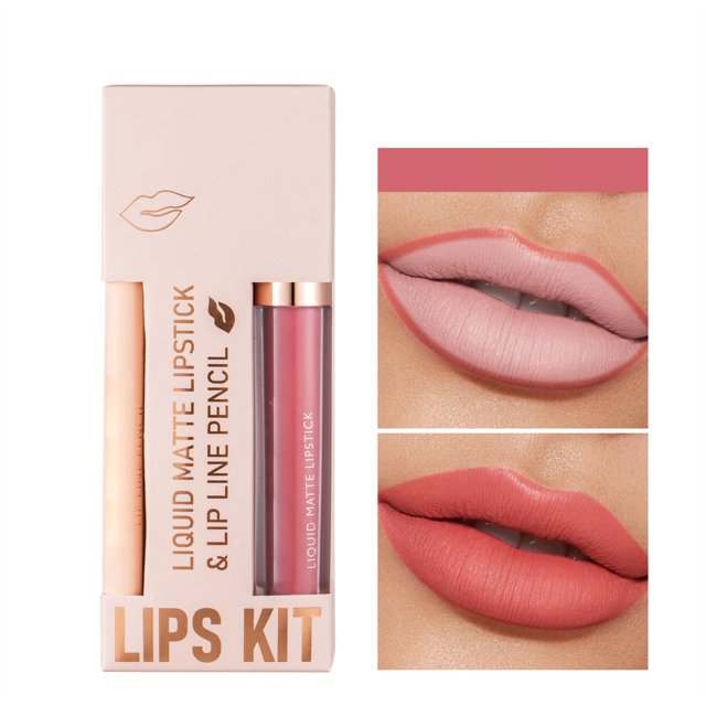 Non Stick Cup Lip Gloss Lipliner Combination Set Lipstick Velvet Lipliner Integrated Waterproof And Durable Lip Gloss Lip Makeup Set Suitable For Girls And Women, Color Lipstick