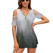 T-Shirt Women'S Home Is A Feeling Ruffle Short Sleeve Women's Print Fashion Casual T Shirts For Girl Gift Landscape Moody Forest