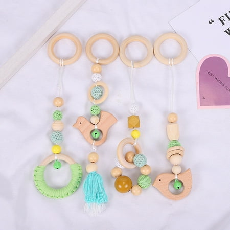 

Puloru 4Pcs Baby Cartoon Rattle Teether Set Soft Color BPA Free Wood Stroller Hanging Ring Pendants for Toddlers Girls Boys