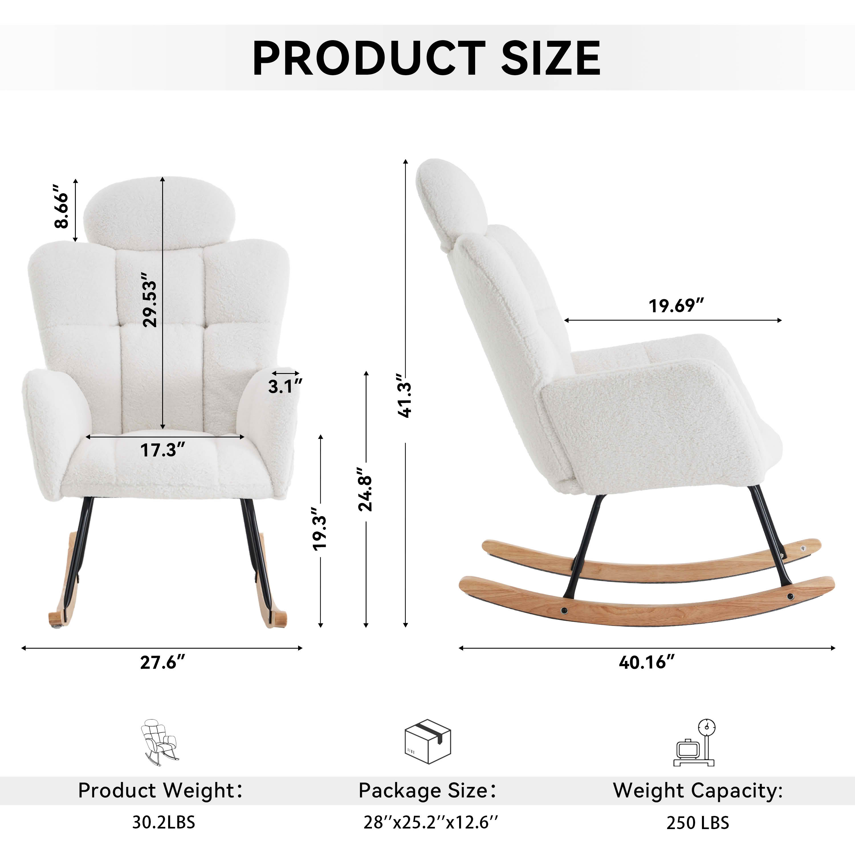MAYEERTY Teddy Fabric Upholstered Nursery Rocking Glider Chair, Padded High Backrest Accent Armchair with Pillow, for Living Room & Bedroom, Ivory