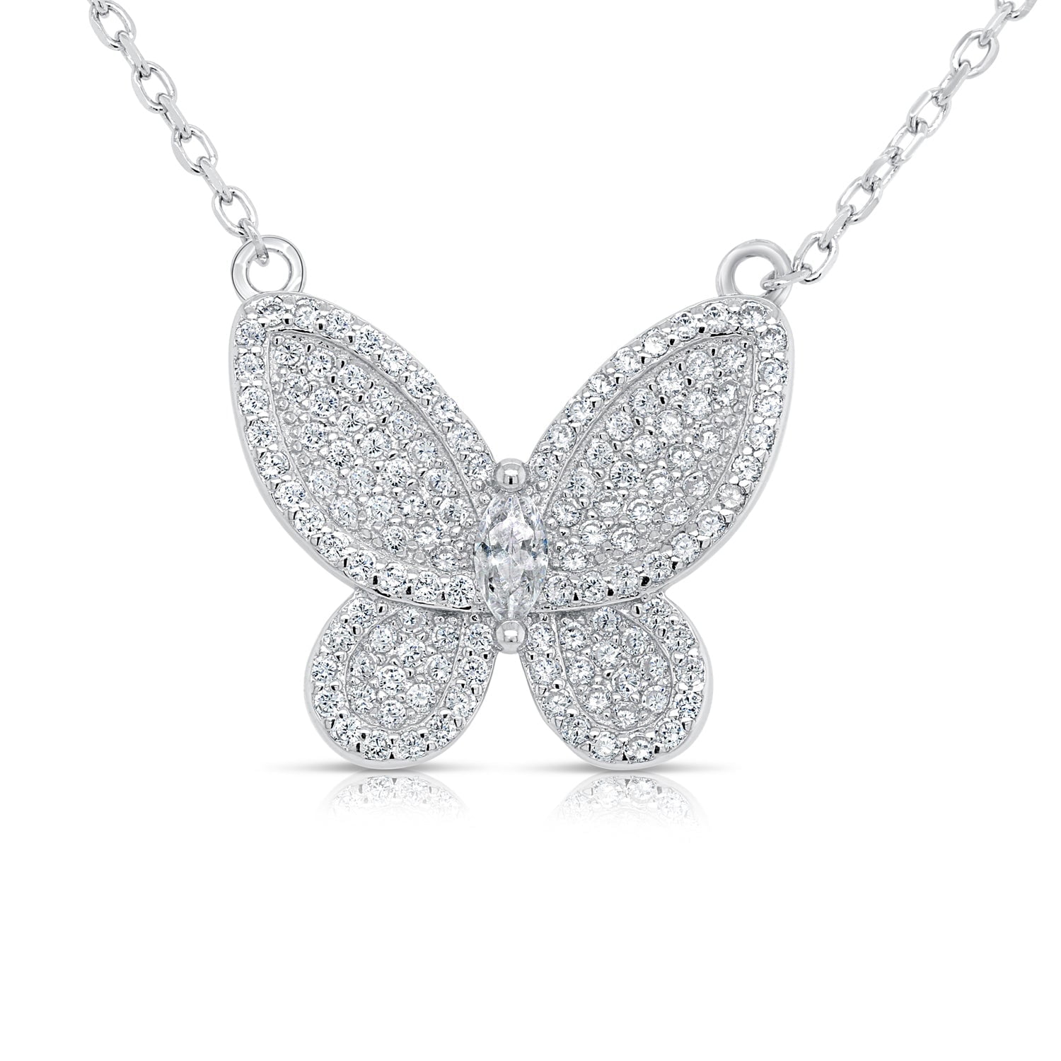 Tilo Jewelry Solid 925 Sterling Silver Pave Butterfly Pendant Necklace with Cubic Zirconia CZ Stones | Women & Unisex | Adjustable 16 Inch to 18 Inch Cable Chain