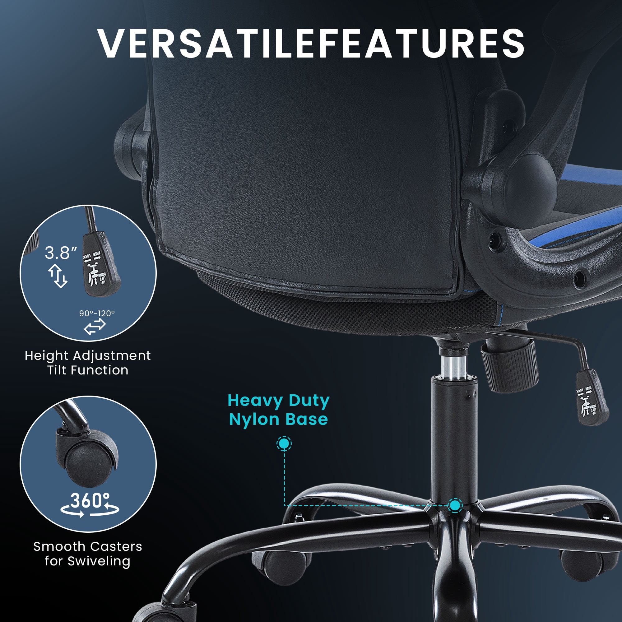 JONPONY Ergonomic Gaming Desk Chair - Adjustable PU Leather Swivel Racing Chair with Flip-up Armrests for Home Office and Entertainment, Perfect for Adults, Kids, and Gamers, Black Blue