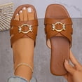 thumbnail image 2 of Gpaecead Women Metal Ornament Cross Strap Flat Slides Square Open Toe Faux Leather Breathable Beach Slippers, Brown, 2 of 8