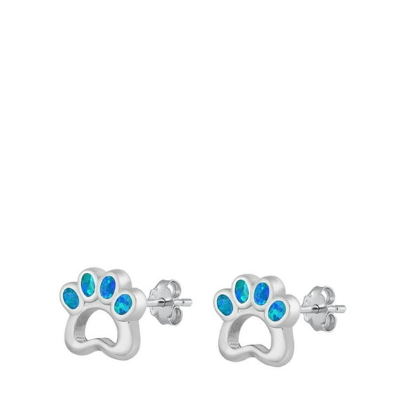 Sterling Silver Dainty Blue Simulated Opal Open Paw Print Stud Earrings Dog Paw 925 New Jewelry Female