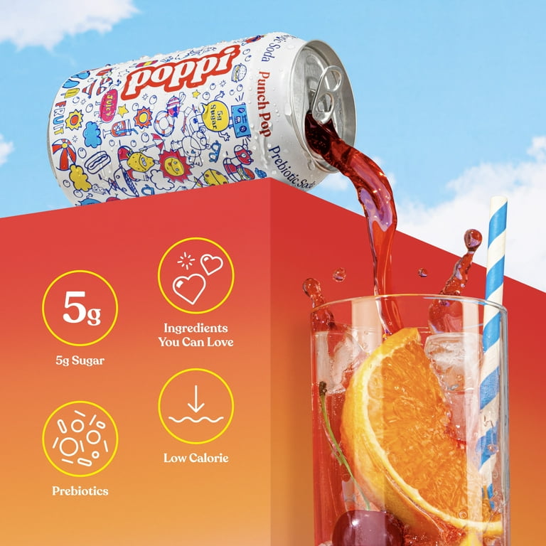 poppi Prebiotic Soda, Punch Pop, 12 oz Cans, 12 Pack, Low Sugar
