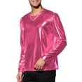 thumbnail image 4 of Camisetas de estilo CHIC para hombres, cuello redondo, de manga larga, brillante, 2XL, rosa, 4 of 7