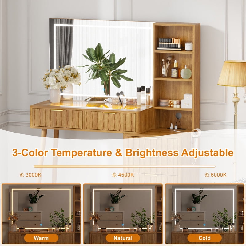 48" Fluted Makeup Vanity Table with 36" LED Mirror & 3 Color Lights Elegant Fluted Vanity Desk with 5 Storage Drawers Open Shelfs Dressing Table with Charging Station & Hair Dryer Rack for Bedroom