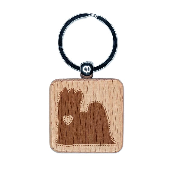 Yorkie Yorkshire Terrier Dog with Heart Square Keychain Charm Tag - Engraved Wood