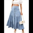 thumbnail image 2 of Women Western Elastic High Waisted A Line Button Ruffle Tiered Long Jean Skirt Patchwork Pocket Y2k Light Blue M, 2 of 10