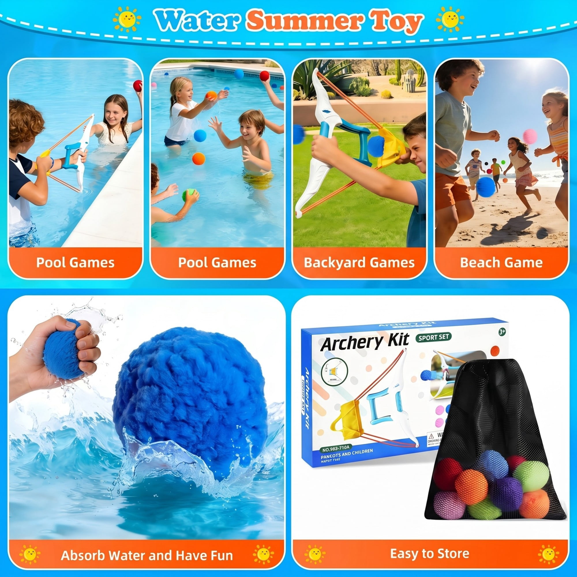 CQHVKQ Water Balloon Bow & Arrow Launcher, 12PCS Reusable Water Balloons with Water Archery Kit for Kids, Pool Beach Water Game Toys for Boys and Girls, Outdoor Summer Toys for Kids Ages 3-12, White